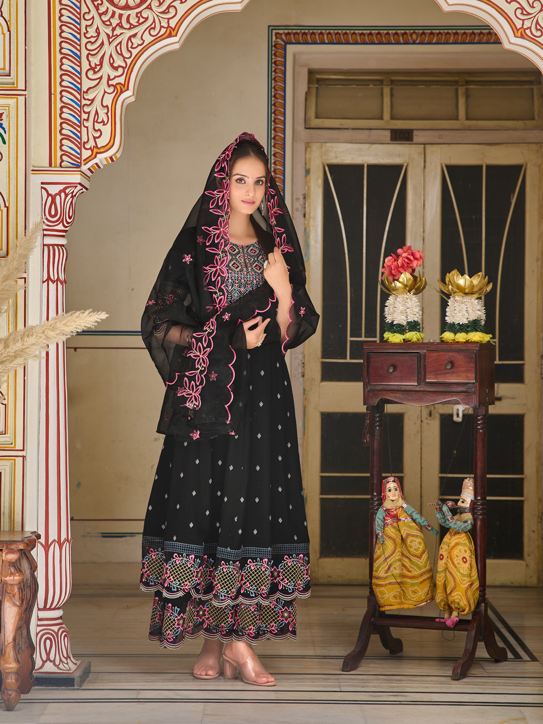 Pakistani Flared Embroidered Kurta With Embroidered Pallazo With Embroidered Dupatta, Black - Hiral Fashion | Grocsy