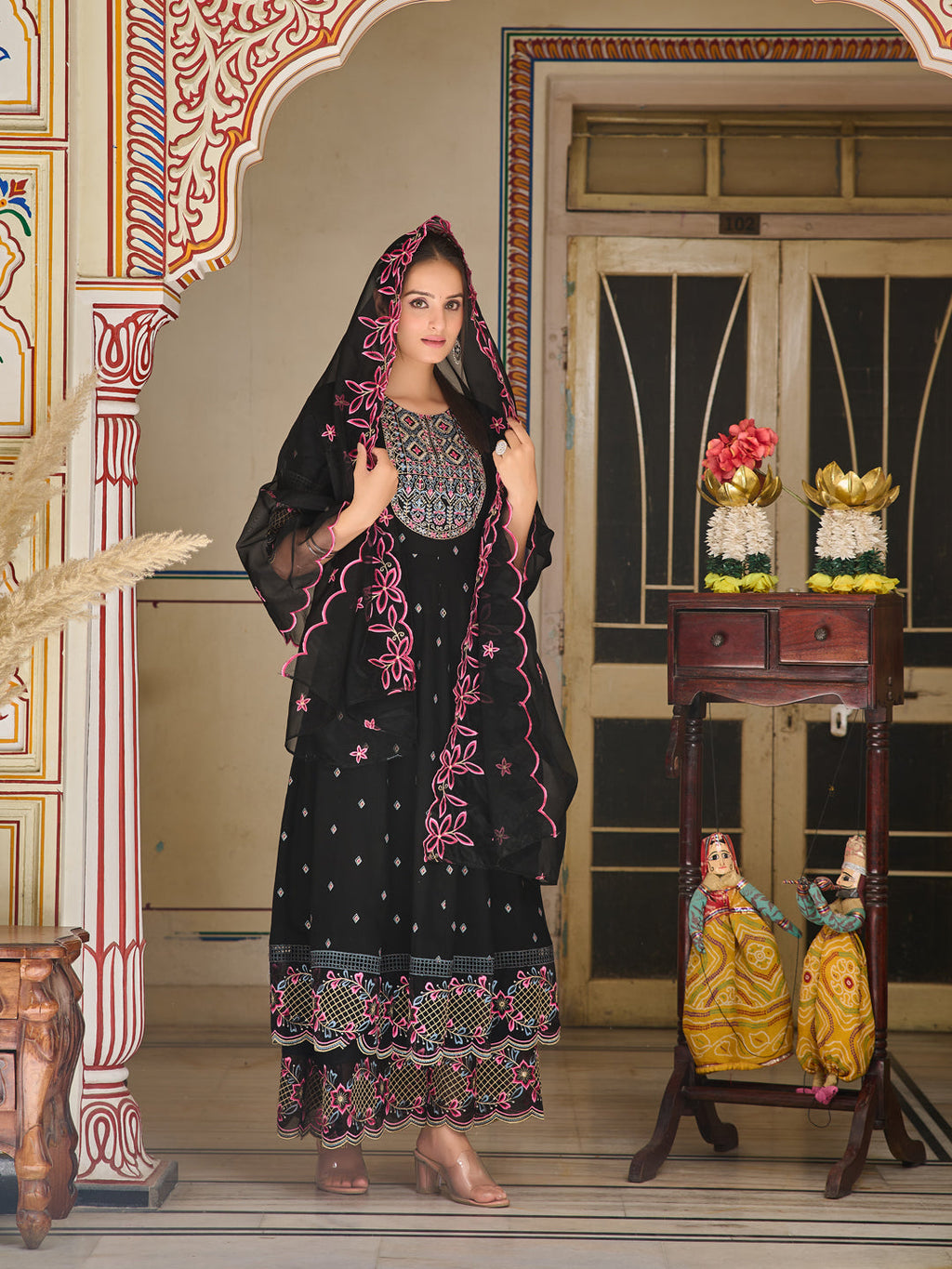 Pakistani Flared Embroidered Kurta With Embroidered Pallazo With Embroidered Dupatta, Black - Hiral Fashion | Grocsy