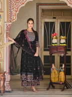 Pakistani Flared Embroidered Kurta With Embroidered Pallazo With Embroidered Dupatta, Black - Hiral Fashion | Grocsy