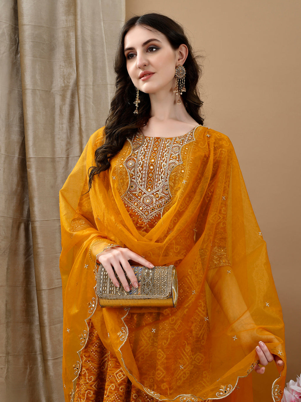 Embroidered & Bandhani Printed Flared Kurta With Pant & Printed Dupatta, Mustard - Hiral Fashion | Grocsy