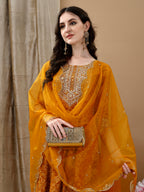 Embroidered & Bandhani Printed Flared Kurta With Pant & Printed Dupatta, Mustard - Hiral Fashion | Grocsy