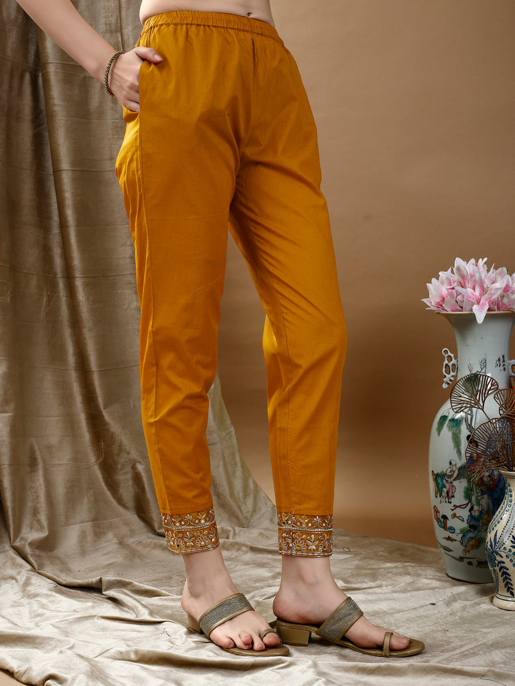 Embroidered & Bandhani Printed Flared Kurta With Pant & Printed Dupatta, Mustard - Hiral Fashion | Grocsy