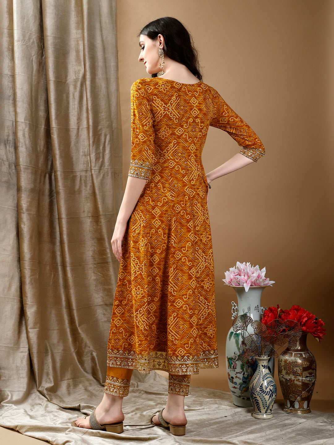 Embroidered & Bandhani Printed Flared Kurta With Pant & Printed Dupatta, Mustard - Hiral Fashion | Grocsy