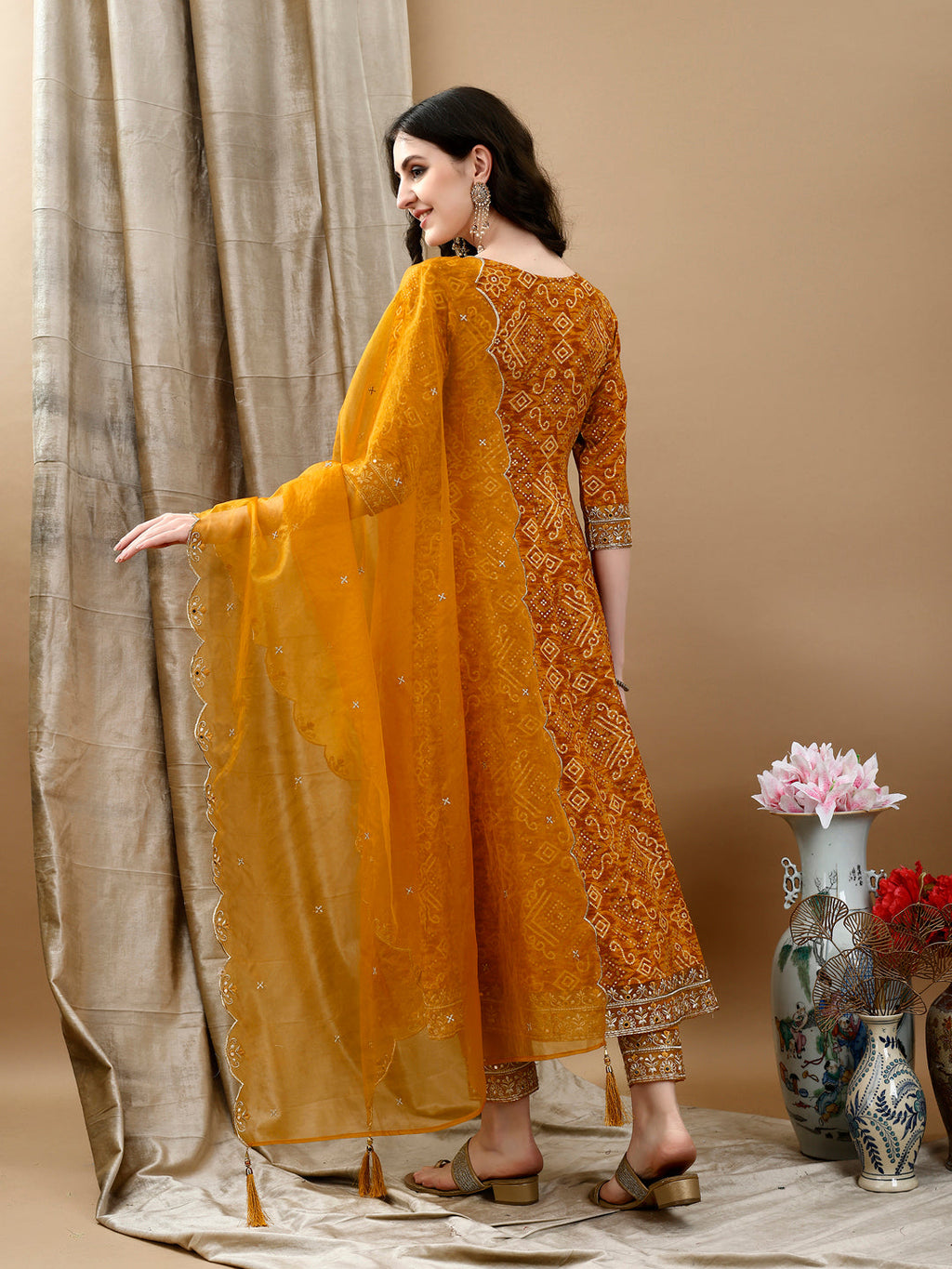 Embroidered & Bandhani Printed Flared Kurta With Pant & Printed Dupatta, Mustard - Hiral Fashion | Grocsy