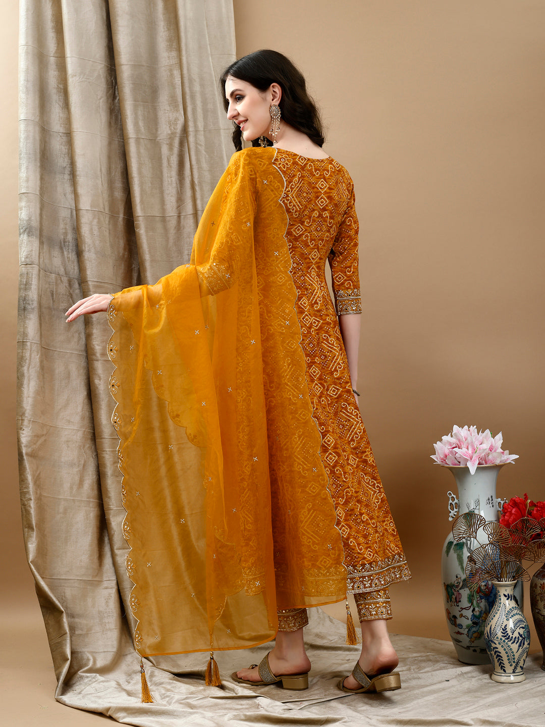 Embroidered & Bandhani Printed Flared Kurta With Pant & Printed Dupatta, Mustard - Hiral Fashion | Grocsy