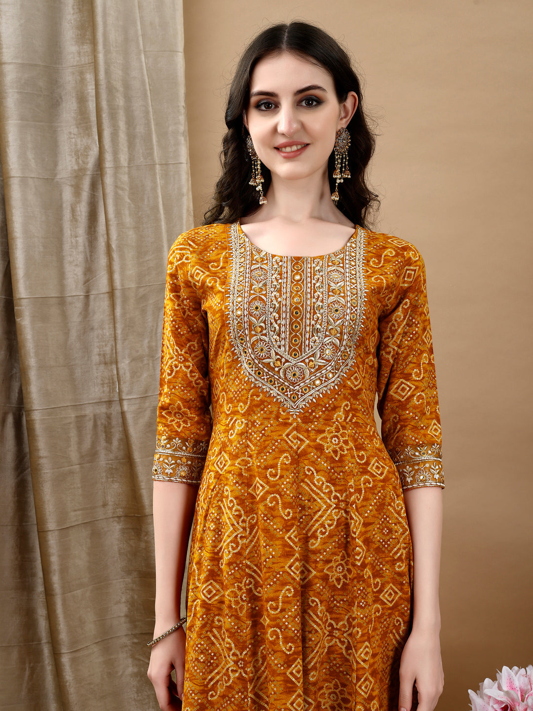 Embroidered & Bandhani Printed Flared Kurta With Pant & Printed Dupatta, Mustard - Hiral Fashion | Grocsy
