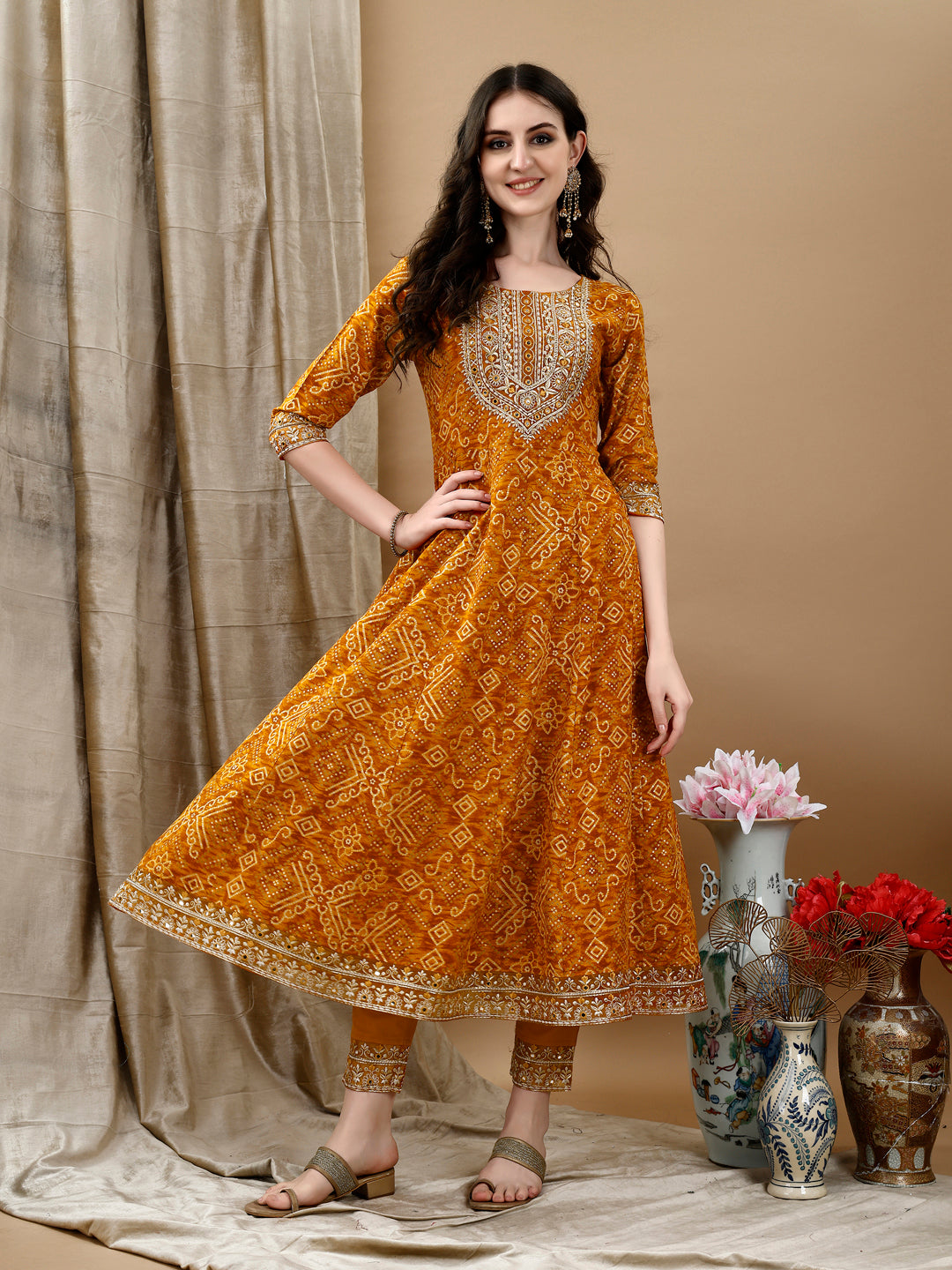 Embroidered & Bandhani Printed Flared Kurta With Pant & Printed Dupatta, Mustard - Hiral Fashion | Grocsy