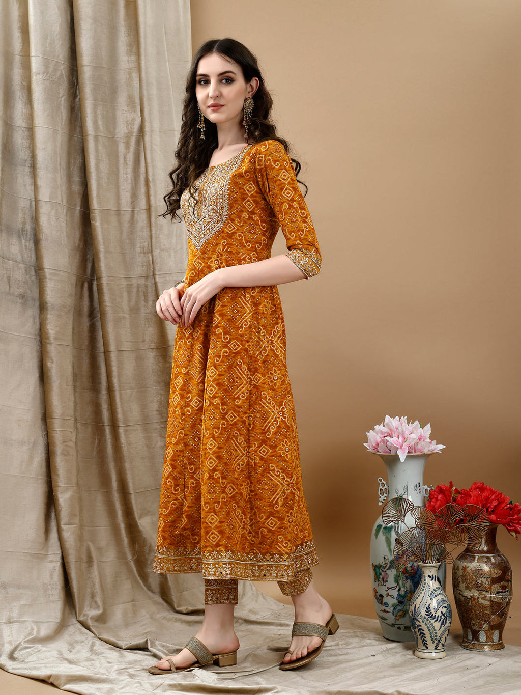 Embroidered & Bandhani Printed Flared Kurta With Pant & Printed Dupatta, Mustard - Hiral Fashion | Grocsy