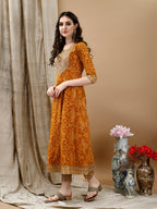 Embroidered & Bandhani Printed Flared Kurta With Pant & Printed Dupatta, Mustard - Hiral Fashion | Grocsy