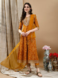 Embroidered & Bandhani Printed Flared Kurta With Pant & Printed Dupatta, Mustard - Hiral Fashion | Grocsy