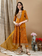 Embroidered & Bandhani Printed Flared Kurta With Pant & Printed Dupatta, Mustard - Hiral Fashion | Grocsy