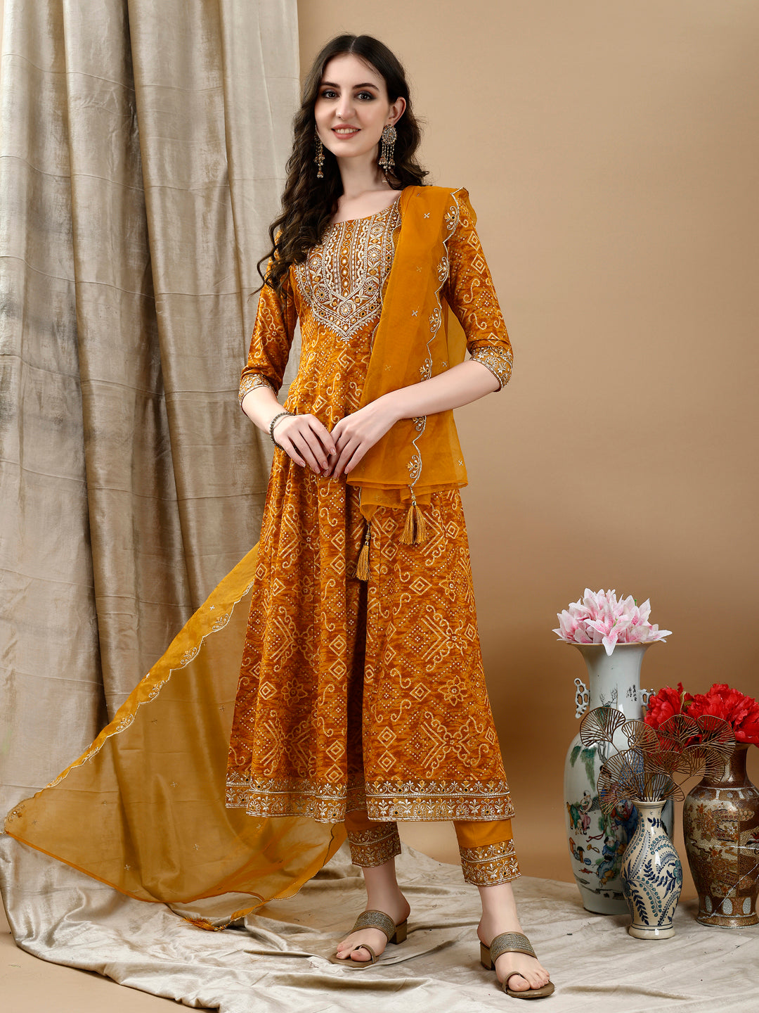 Embroidered & Bandhani Printed Flared Kurta With Pant & Printed Dupatta, Mustard - Hiral Fashion | Grocsy
