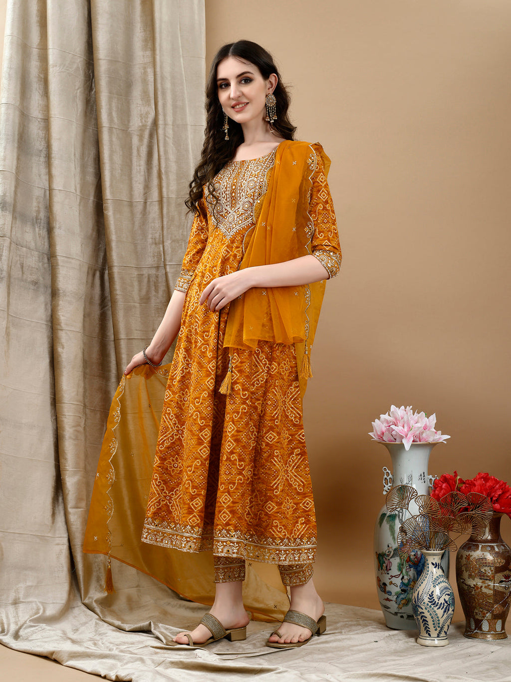 Embroidered & Bandhani Printed Flared Kurta With Pant & Printed Dupatta, Mustard - Hiral Fashion | Grocsy