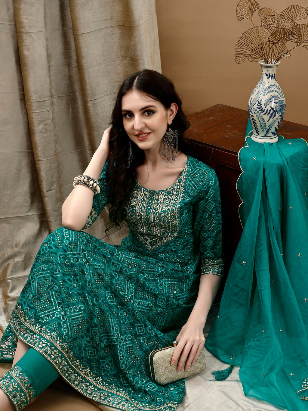 Embroidered & Bandhani Printed Flared Kurta With Pant & Printed Dupatta, Green - Hiral Fashion | Grocsy