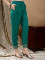 Embroidered & Bandhani Printed Flared Kurta With Pant & Printed Dupatta, Green - Hiral Fashion | Grocsy
