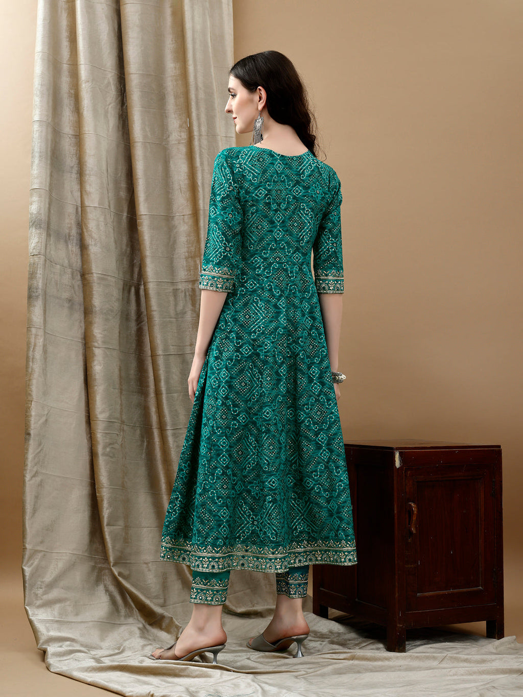 Embroidered & Bandhani Printed Flared Kurta With Pant & Printed Dupatta, Green - Hiral Fashion | Grocsy