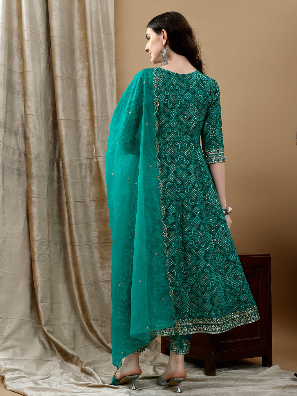 Embroidered & Bandhani Printed Flared Kurta With Pant & Printed Dupatta, Green - Hiral Fashion | Grocsy