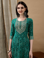 Embroidered & Bandhani Printed Flared Kurta With Pant & Printed Dupatta, Green - Hiral Fashion | Grocsy