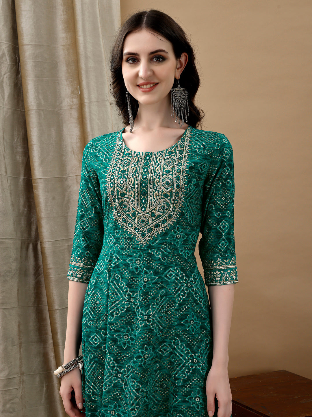 Embroidered & Bandhani Printed Flared Kurta With Pant & Printed Dupatta, Green - Hiral Fashion | Grocsy