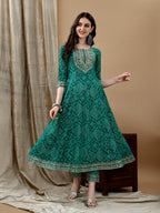 Embroidered & Bandhani Printed Flared Kurta With Pant & Printed Dupatta, Green - Hiral Fashion | Grocsy
