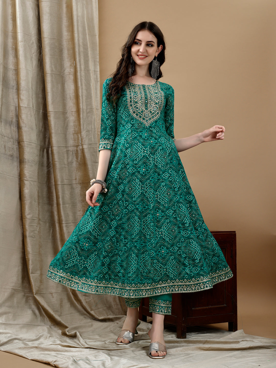 Embroidered & Bandhani Printed Flared Kurta With Pant & Printed Dupatta, Green - Hiral Fashion | Grocsy