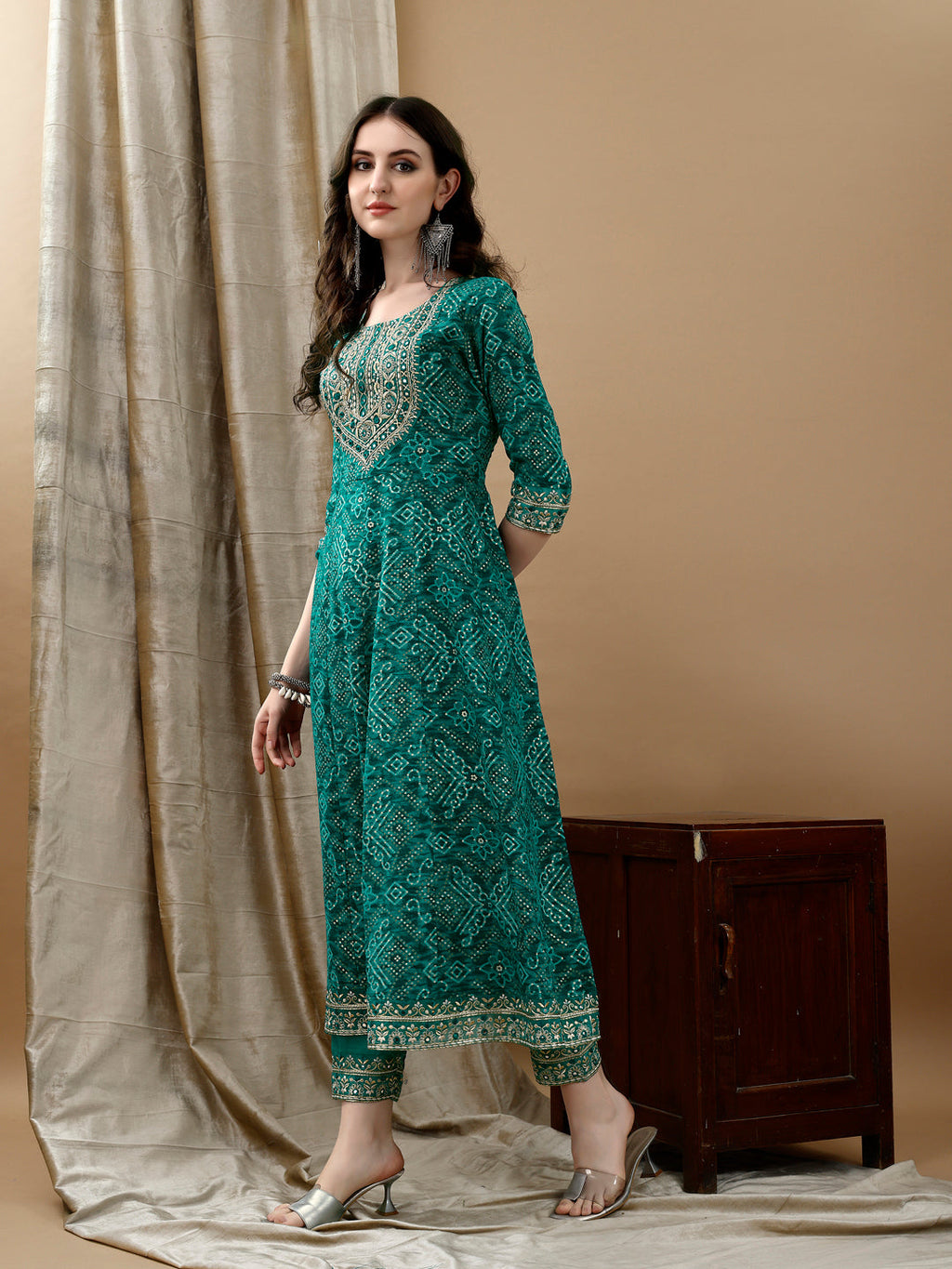 Embroidered & Bandhani Printed Flared Kurta With Pant & Printed Dupatta, Green - Hiral Fashion | Grocsy