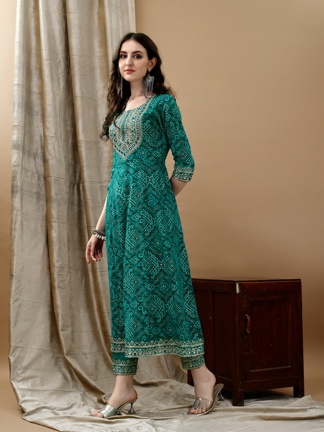 Embroidered & Bandhani Printed Flared Kurta With Pant & Printed Dupatta, Green - Hiral Fashion | Grocsy