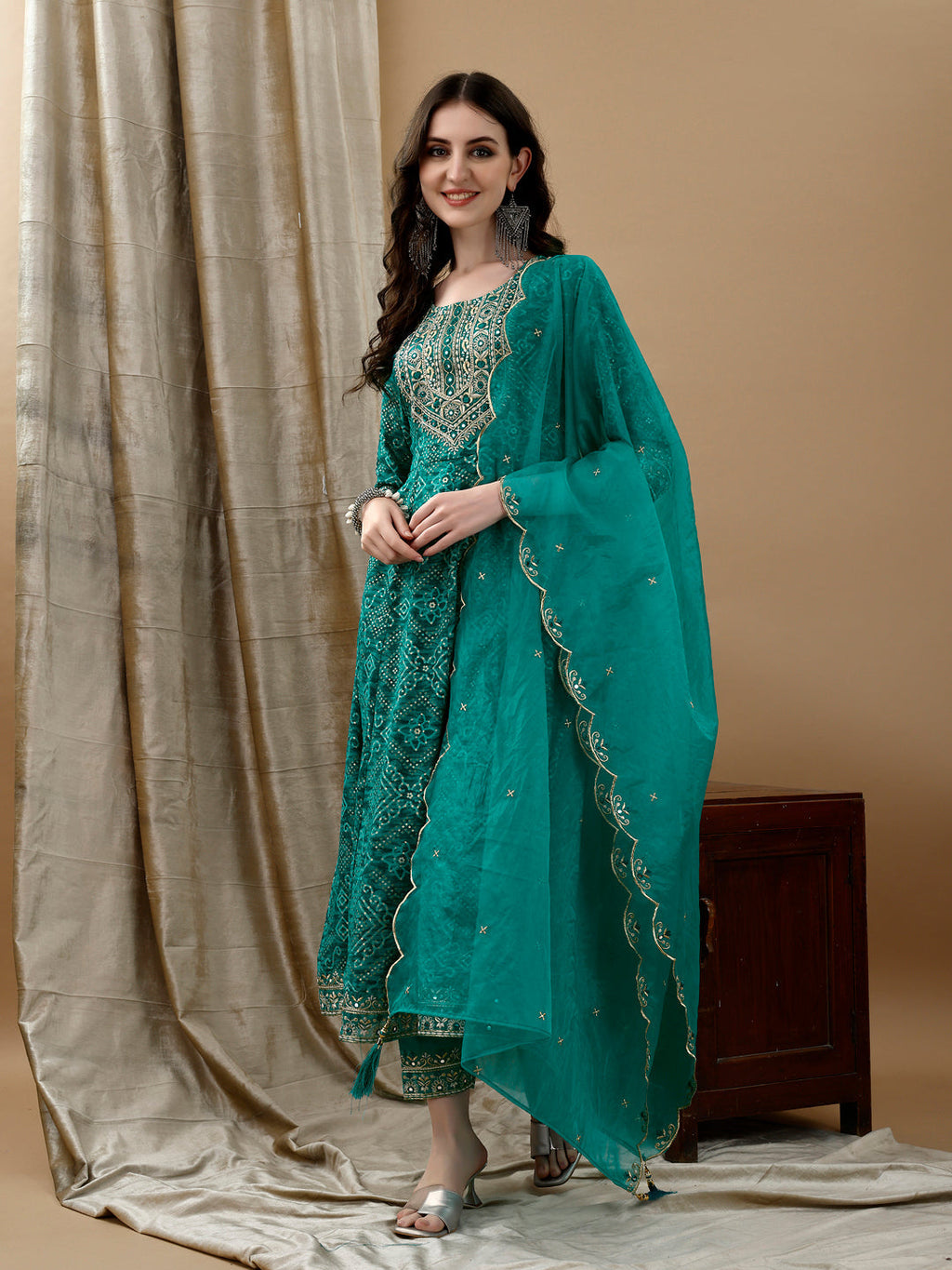 Embroidered & Bandhani Printed Flared Kurta With Pant & Printed Dupatta, Green - Hiral Fashion | Grocsy
