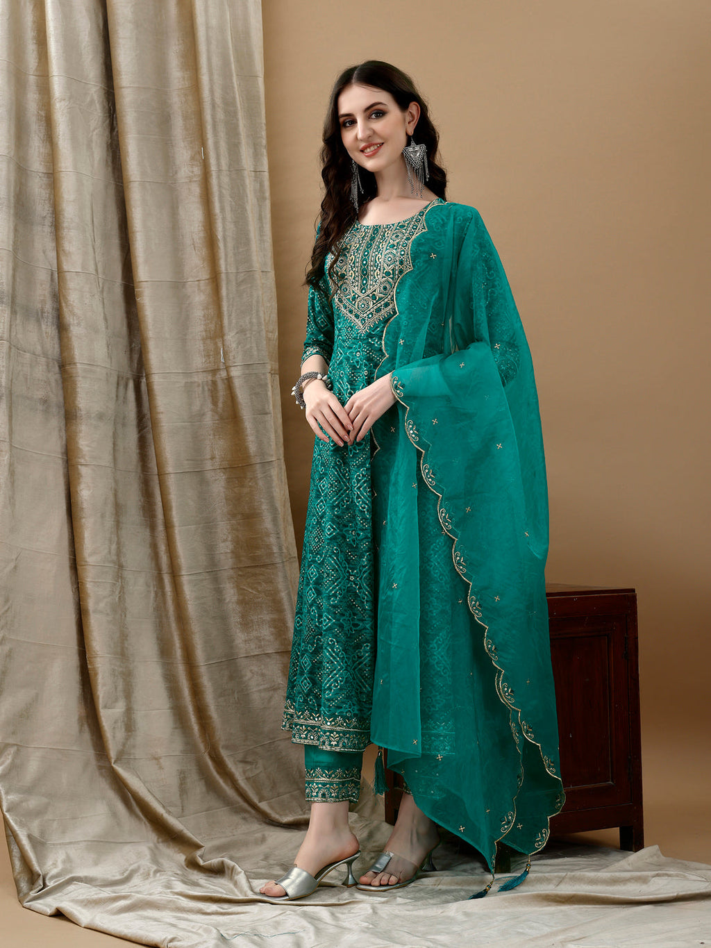 Embroidered & Bandhani Printed Flared Kurta With Pant & Printed Dupatta, Green - Hiral Fashion | Grocsy