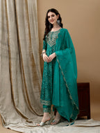 Embroidered & Bandhani Printed Flared Kurta With Pant & Printed Dupatta, Green - Hiral Fashion | Grocsy