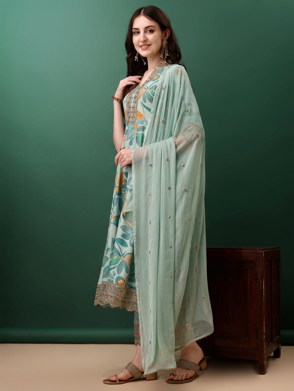 Embroidered & Floral Printed Flared Kurta With Pant & Dupatta, Blue - Hiral Fashion | Grocsy