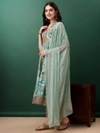 Embroidered & Floral Printed Flared Kurta With Pant & Dupatta, Blue - Hiral Fashion | Grocsy