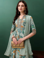 Embroidered & Floral Printed Flared Kurta With Pant & Dupatta, Blue - Hiral Fashion | Grocsy