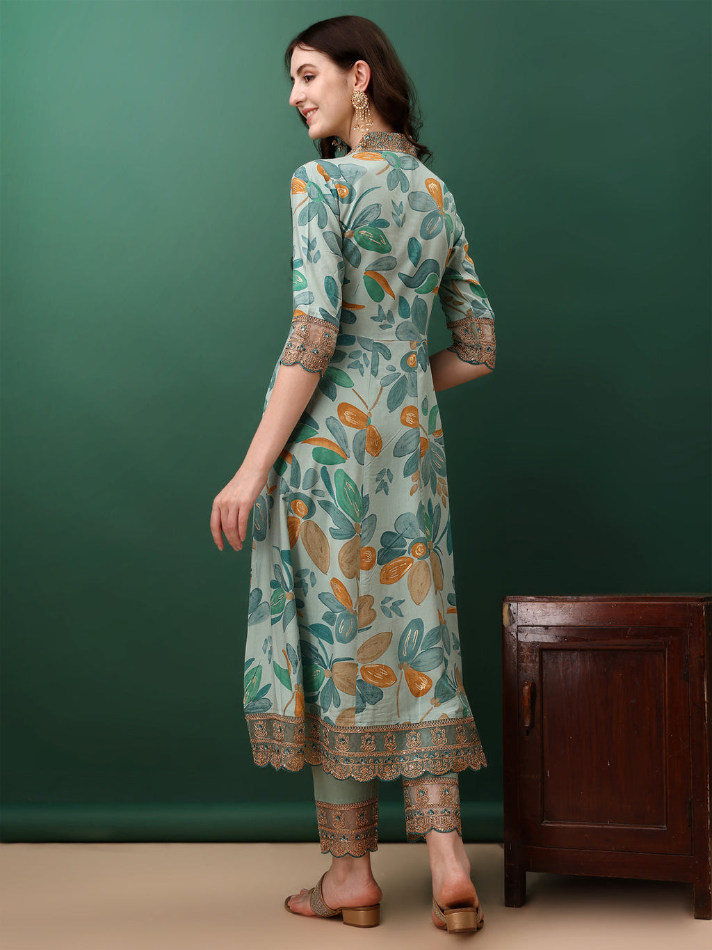 Embroidered & Floral Printed Flared Kurta With Pant & Dupatta, Blue - Hiral Fashion | Grocsy