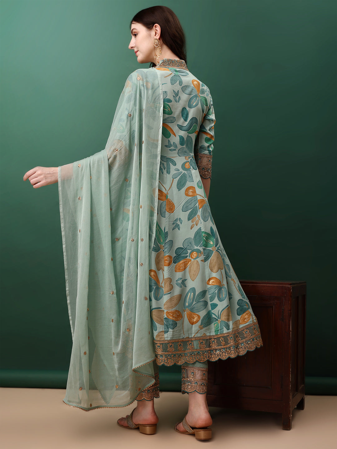 Embroidered & Floral Printed Flared Kurta With Pant & Dupatta, Blue - Hiral Fashion | Grocsy