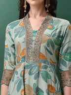 Embroidered & Floral Printed Flared Kurta With Pant & Dupatta, Blue - Hiral Fashion | Grocsy
