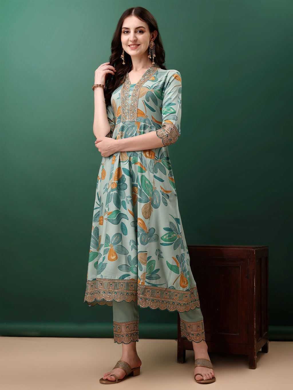 Embroidered & Floral Printed Flared Kurta With Pant & Dupatta, Blue - Hiral Fashion | Grocsy