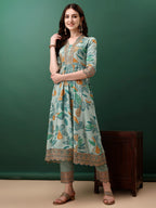 Embroidered & Floral Printed Flared Kurta With Pant & Dupatta, Blue - Hiral Fashion | Grocsy