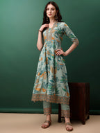 Embroidered & Floral Printed Flared Kurta With Pant & Dupatta, Blue - Hiral Fashion | Grocsy