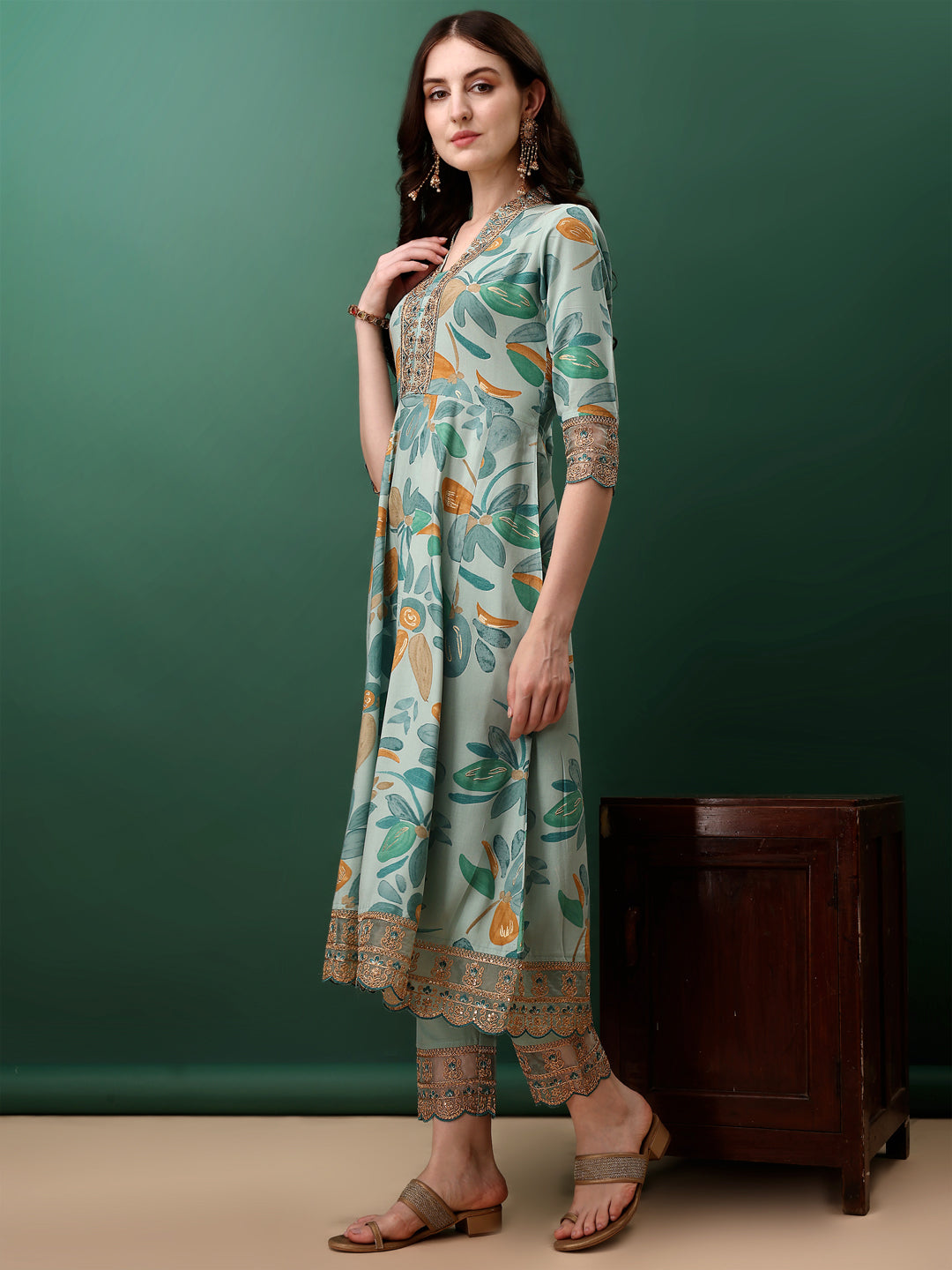 Embroidered & Floral Printed Flared Kurta With Pant & Dupatta, Blue - Hiral Fashion | Grocsy