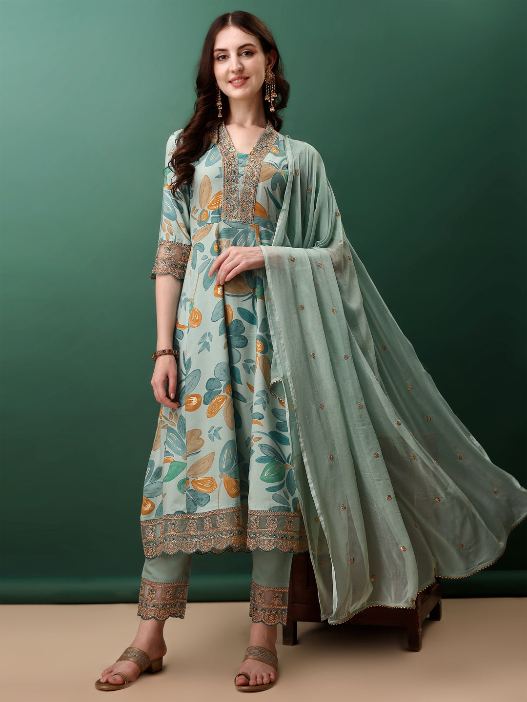 Embroidered & Floral Printed Flared Kurta With Pant & Dupatta, Blue - Hiral Fashion | Grocsy