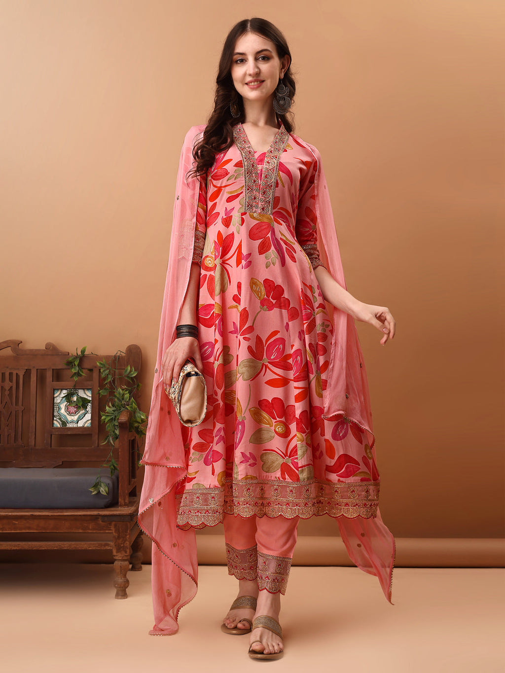 Embroidered & Floral Printed Flared Kurta With Pant & Dupatta, Pink - Hiral Fashion | Grocsy