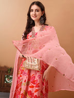Embroidered & Floral Printed Flared Kurta With Pant & Dupatta, Pink - Hiral Fashion | Grocsy