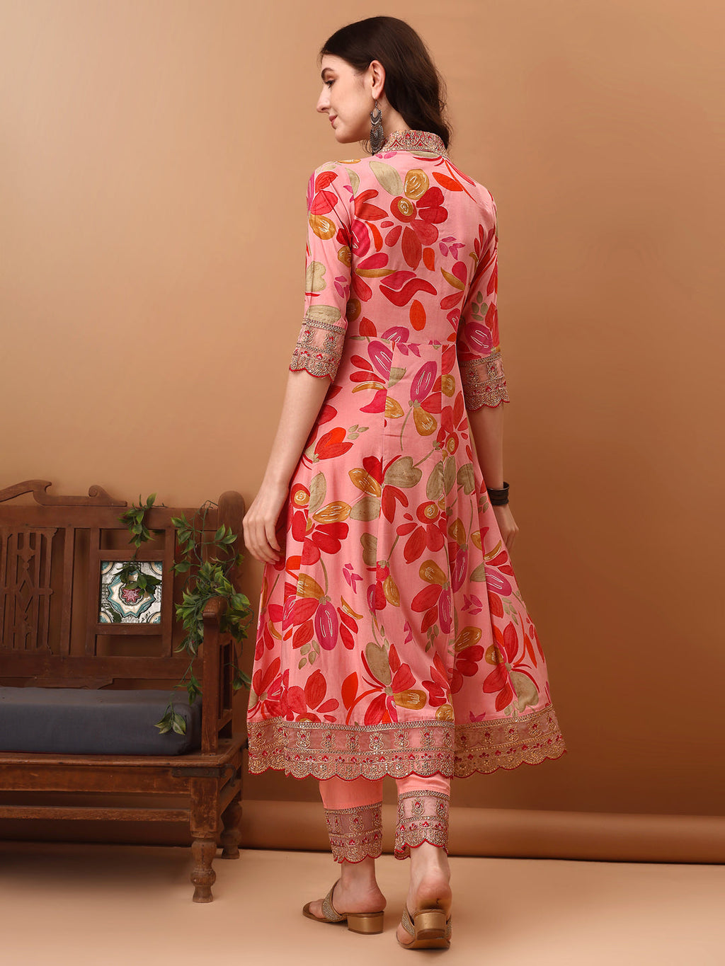 Embroidered & Floral Printed Flared Kurta With Pant & Dupatta, Pink - Hiral Fashion | Grocsy