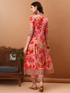 Embroidered & Floral Printed Flared Kurta With Pant & Dupatta, Pink - Hiral Fashion | Grocsy