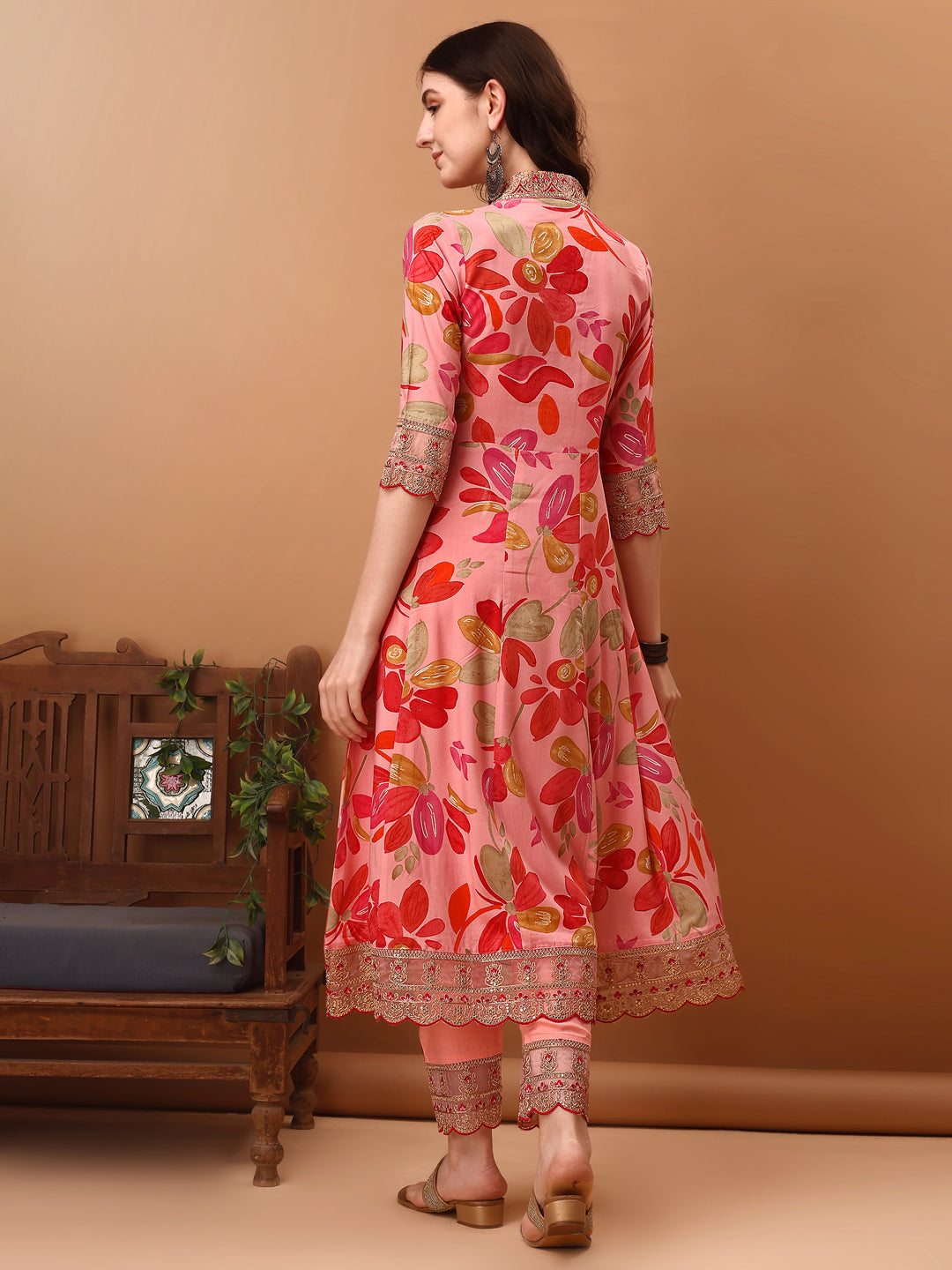 Embroidered & Floral Printed Flared Kurta With Pant & Dupatta, Pink - Hiral Fashion | Grocsy