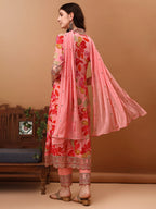 Embroidered & Floral Printed Flared Kurta With Pant & Dupatta, Pink - Hiral Fashion | Grocsy