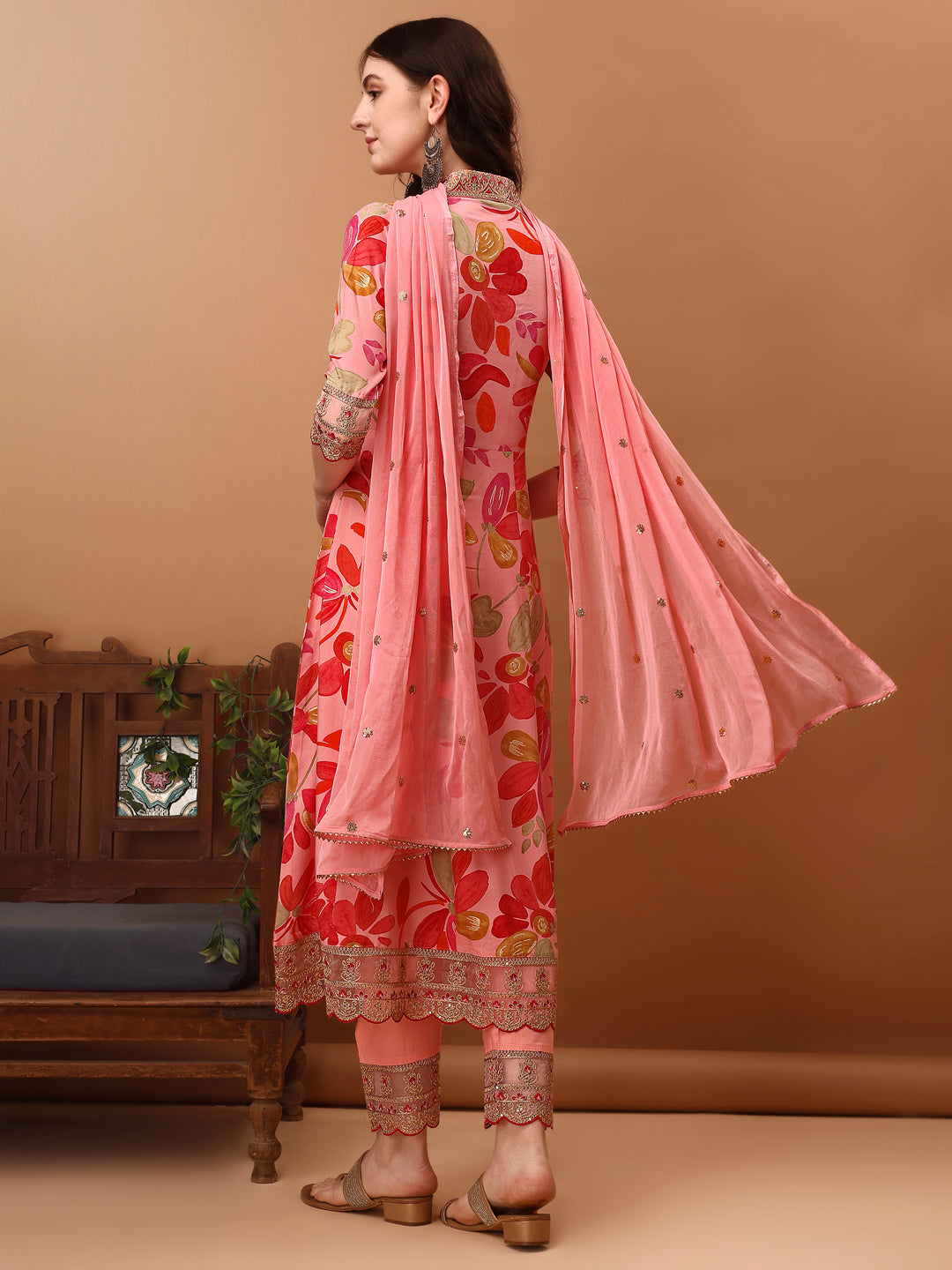 Embroidered & Floral Printed Flared Kurta With Pant & Dupatta, Pink - Hiral Fashion | Grocsy