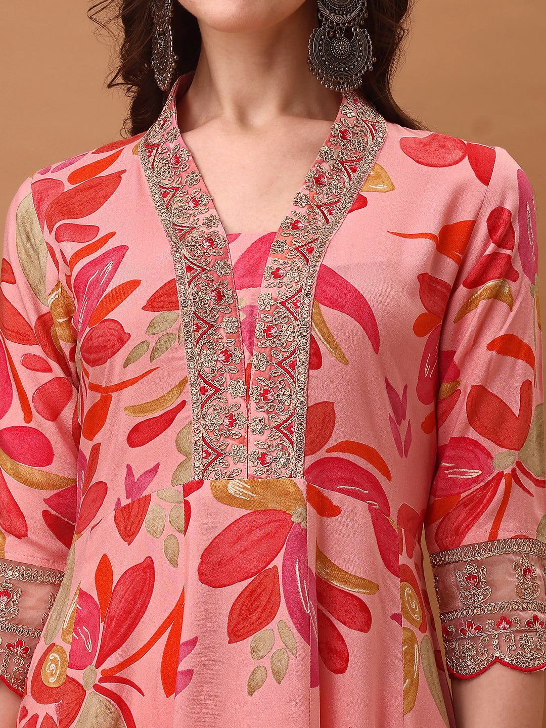 Embroidered & Floral Printed Flared Kurta With Pant & Dupatta, Pink - Hiral Fashion | Grocsy