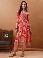 Embroidered & Floral Printed Flared Kurta With Pant & Dupatta, Pink - Hiral Fashion | Grocsy